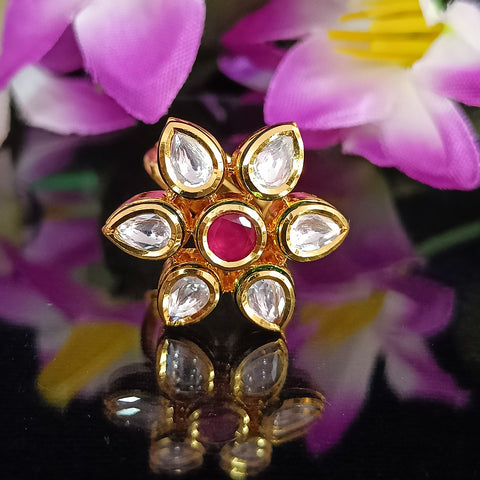 Designer Gold Plated Royal Kundan and Ruby Red Beaded Ring (Design 173)