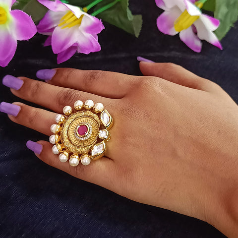 Designer Gold Plated Royal Kundan and Ruby Red Beaded Ring (Design 157)
