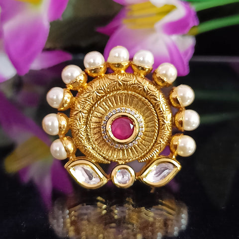 Designer Gold Plated Royal Kundan and Ruby Red Beaded Ring (Design 157)
