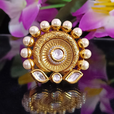 Designer Gold Plated Royal Kundan and Pearl Beaded Ring (Design 158)