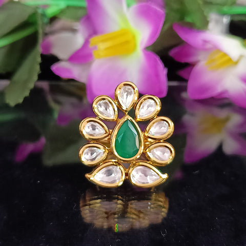 Designer Gold Plated Royal Kundan and Green Emerald Beaded Ring (Design 154)