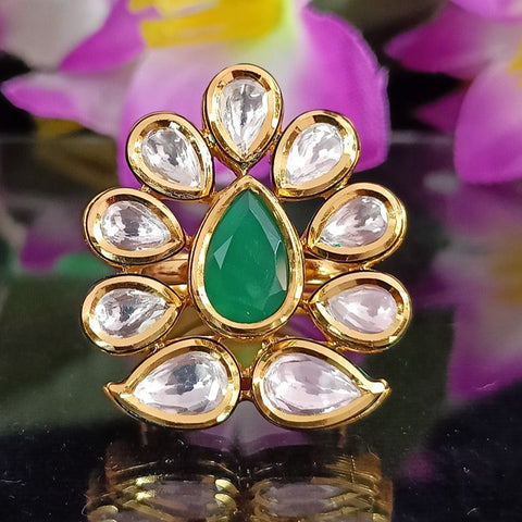 Designer Gold Plated Royal Kundan and Green Emerald Beaded Ring (Design 154)