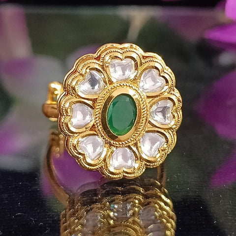 Designer Gold Plated Royal Kundan and Green Emerald Beaded Ring (Design 167)