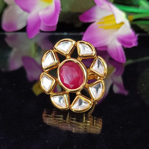 Designer Gold Plated Royal Kundan and Ruby Beaded Ring (Design 159)