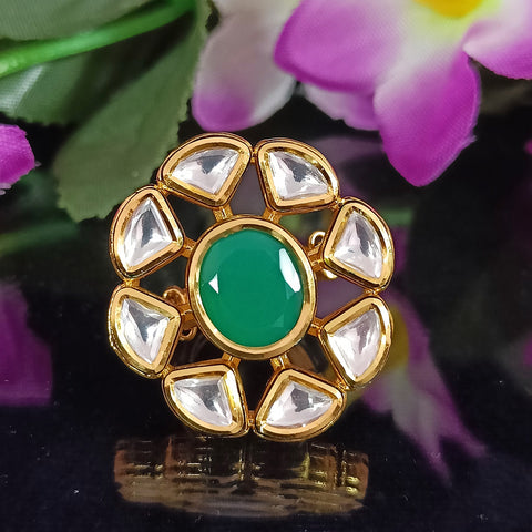 Designer Gold Plated Royal Kundan and Green Emerald Beaded Ring (Design 161)