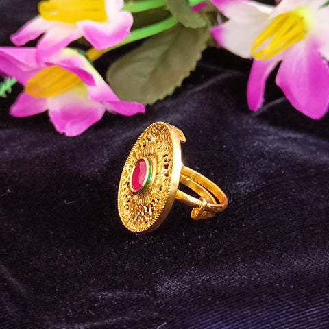 Designer Gold Plated Royal Kundan and Ruby Beaded Ring (Design 180)