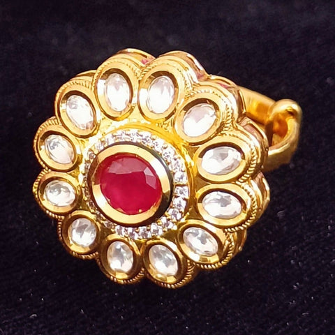Designer Gold Plated Royal Kundan and Ruby Beaded Ring (Design 176)