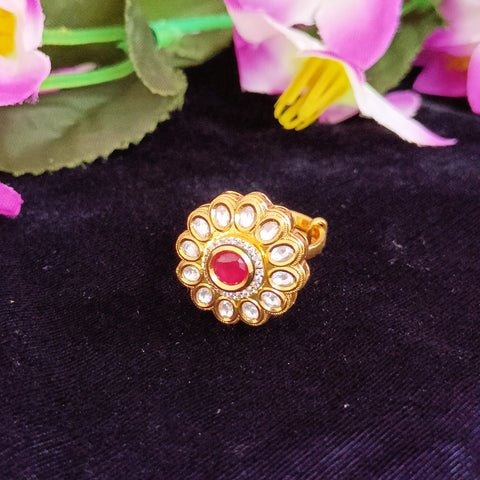 Designer Gold Plated Royal Kundan and Ruby Beaded Ring (Design 176)