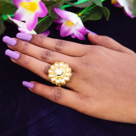 Designer Gold Plated Royal Kundan Beaded Ring (Design 177)