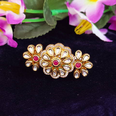 Designer Gold Plated Royal Kundan and Ruby Beaded Ring (Design 143)
