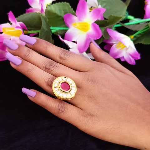 Designer Gold Plated Royal Kundan and Ruby Beaded Ring (Design 165)