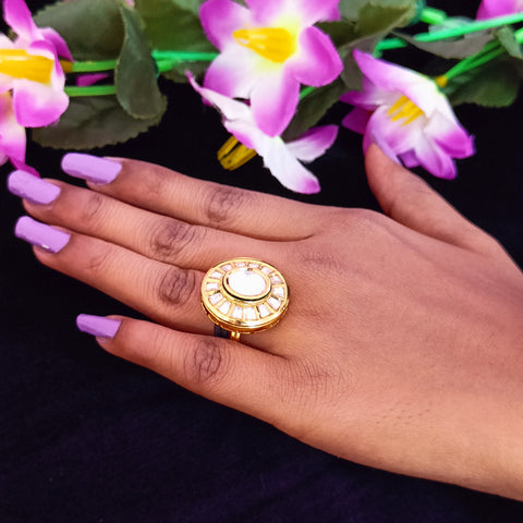 Designer Gold Plated Royal Kundan Beaded Ring (Design 166)