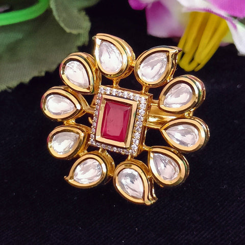 White/Red Designer Gold Plated Kundan Ring (Design 73)