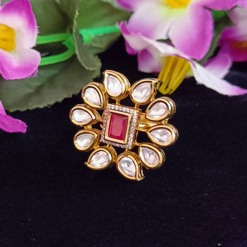White/Red Designer Gold Plated Kundan Ring (Design 73)