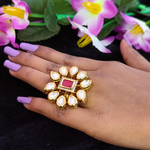 White/Red Designer Gold Plated Kundan Ring (Design 73)