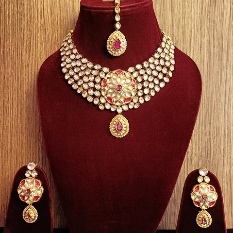 Designer Gold Plated Royal Kundan & Ruby Necklace with Earrings (D400)