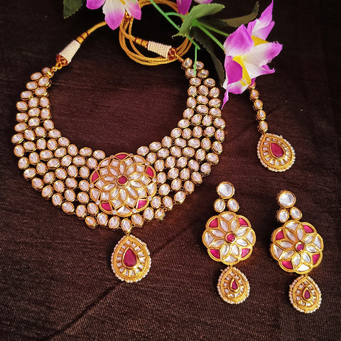 Designer Gold Plated Royal Kundan & Ruby Necklace with Earrings (D400)