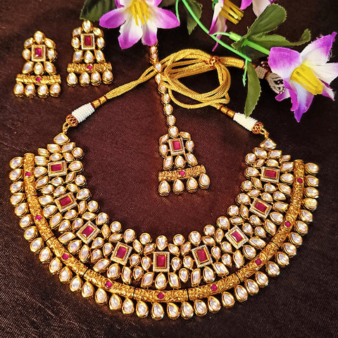 Bridal Gold Plated Royal Kundan & Ruby Necklace with Earrings (D409)
