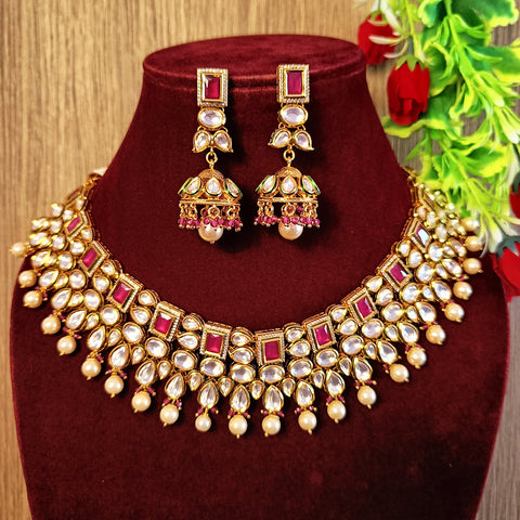 Designer Gold Plated Royal Kundan & Ruby Necklace with Earrings (D401)