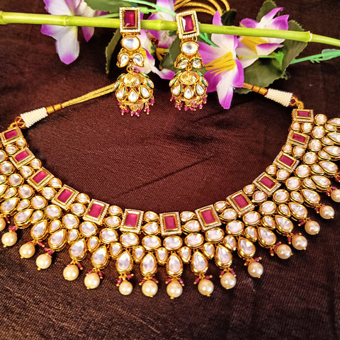 Designer Gold Plated Royal Kundan & Ruby Necklace with Earrings (D401)