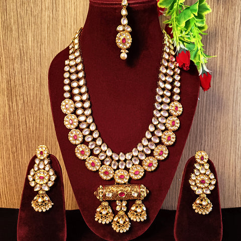 Bridal Gold Plated Royal Kundan, Ruby & Beads Necklace with Earrings (D402)