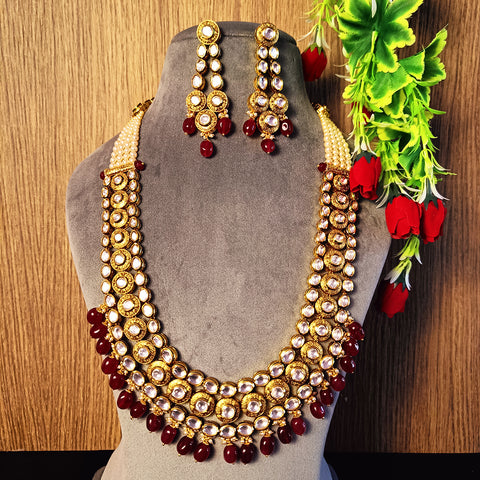 Designer Gold Plated Royal Kundan & Ruby Necklace with Earrings (D375)
