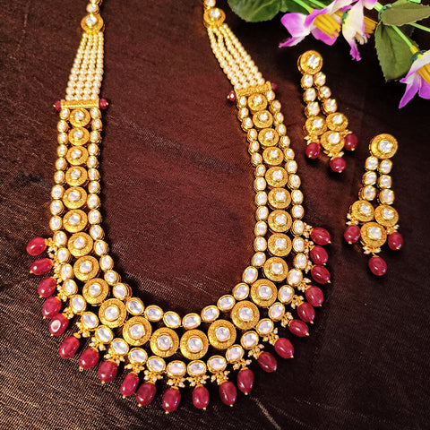 Designer Gold Plated Royal Kundan & Ruby Necklace with Earrings (D375)