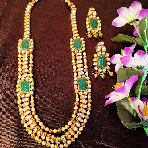 Designer Gold Plated Royal Kundan & Emerald Necklace with Earrings (D382)