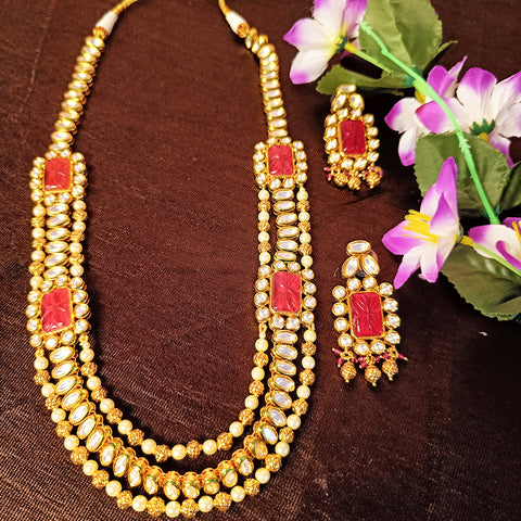 Designer Gold Plated Royal Kundan & Ruby Necklace with Earrings (D383)