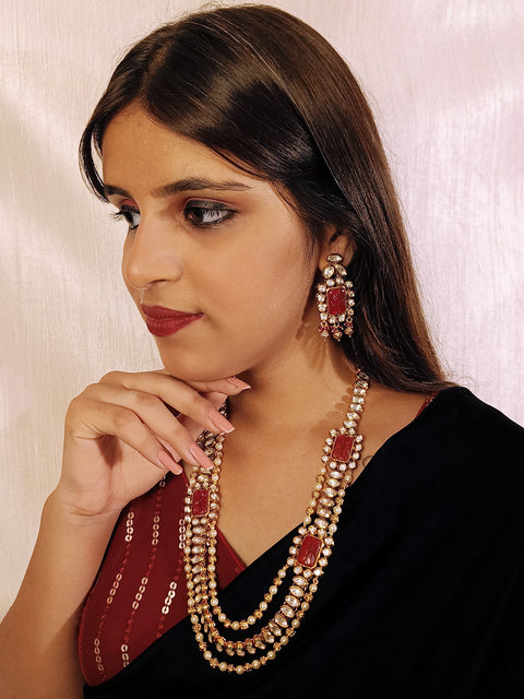 Designer Gold Plated Royal Kundan & Ruby Necklace with Earrings (D383)