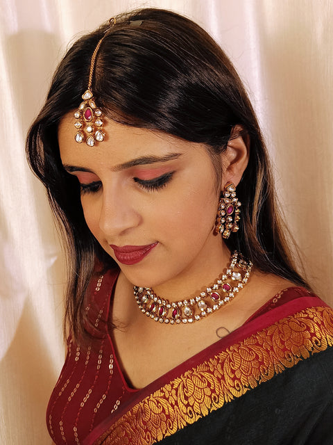 Designer Gold Plated Royal Kundan & Ruby Necklace with Earrings (D410)