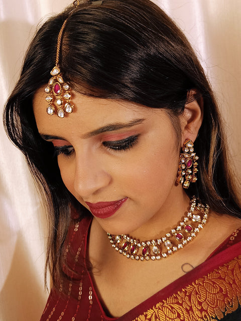 Designer Gold Plated Royal Kundan & Ruby Necklace with Earrings (D410)