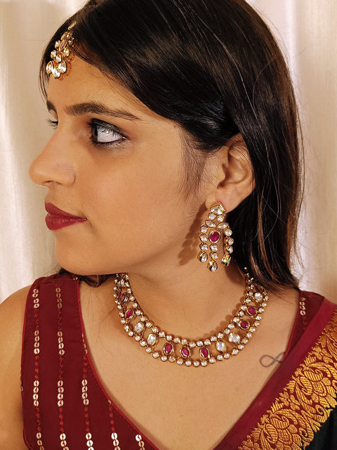 Designer Gold Plated Royal Kundan & Ruby Necklace with Earrings (D410)