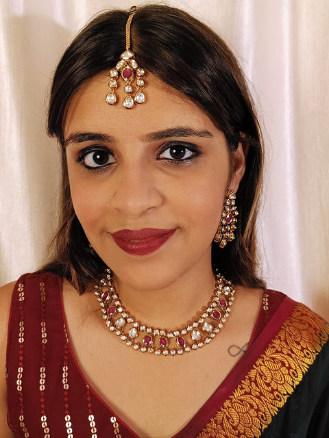 Designer Gold Plated Royal Kundan & Ruby Necklace with Earrings (D410)
