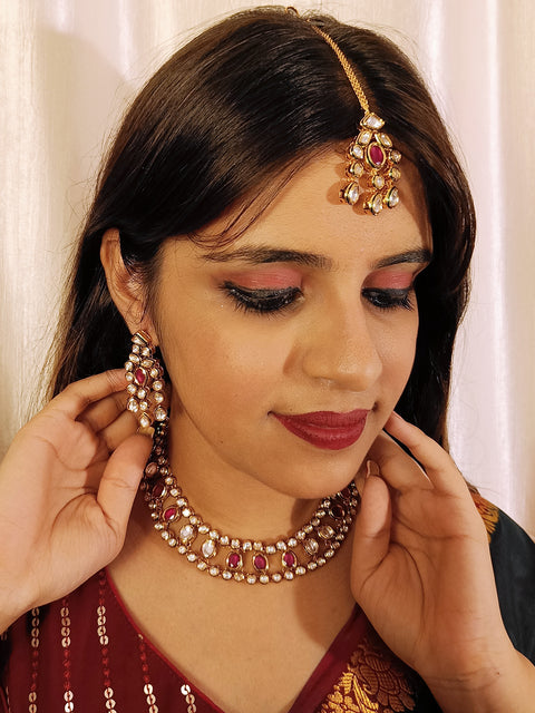 Designer Gold Plated Royal Kundan & Ruby Necklace with Earrings (D410)