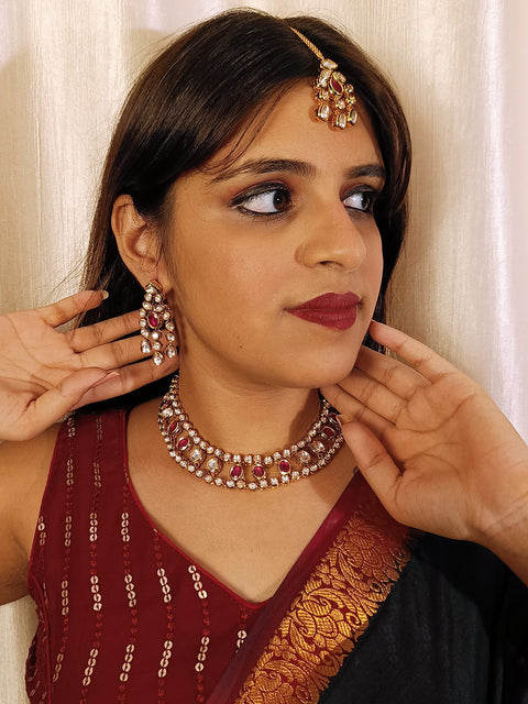 Designer Gold Plated Royal Kundan & Ruby Necklace with Earrings (D410)