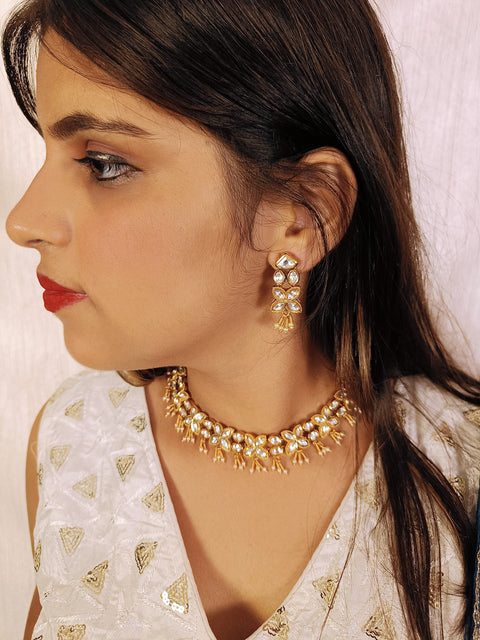 Designer Gold Plated Royal Kundan Necklace with Earrings (D398)