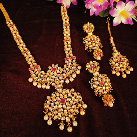 Designer Gold Plated Royal Kundan & Ruby Necklace with Earrings (D378)