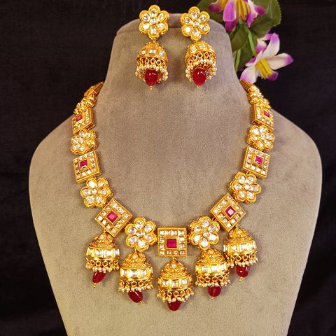 Designer Gold Plated Royal Kundan & Ruby Necklace with Earrings (D377)