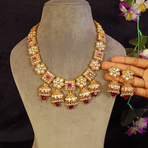 Designer Gold Plated Royal Kundan & Ruby Necklace with Earrings (D377)