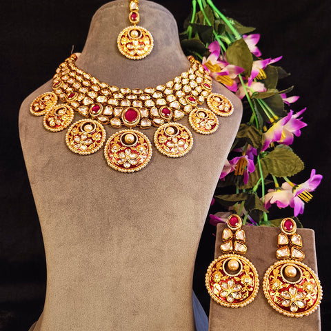 Designer Gold Plated Royal Kundan & Ruby Necklace with Earrings (D376)