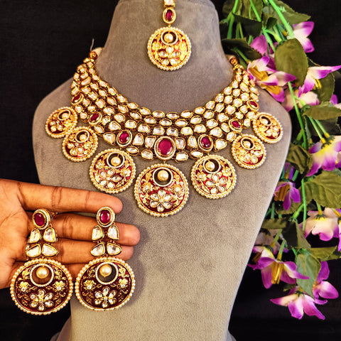 Designer Gold Plated Royal Kundan & Ruby Necklace with Earrings (D376)
