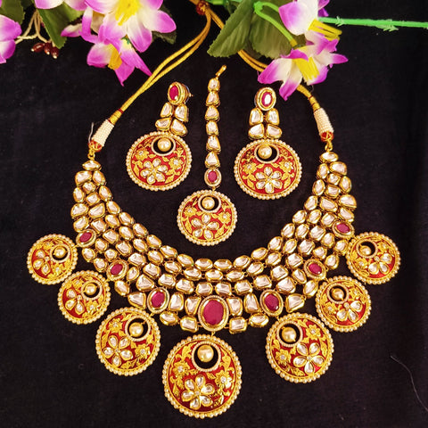 Designer Gold Plated Royal Kundan & Ruby Necklace with Earrings (D376)