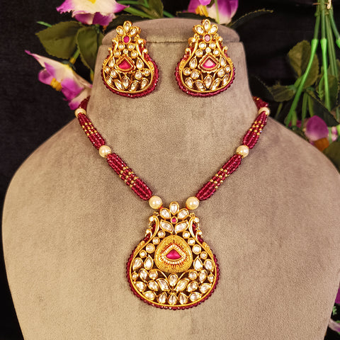 Designer Gold Plated Royal Kundan & Ruby Pendant Set (D393)