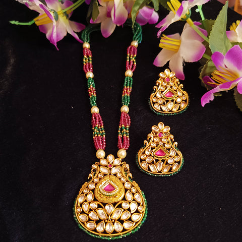 Designer Gold Plated Royal Kundan, Emerald & Ruby Pendant Set (D395)