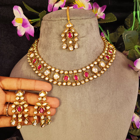 Designer Gold Plated Royal Kundan & Ruby Necklace with Earrings (D410)