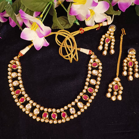 Designer Gold Plated Royal Kundan & Ruby Necklace with Earrings (D410)