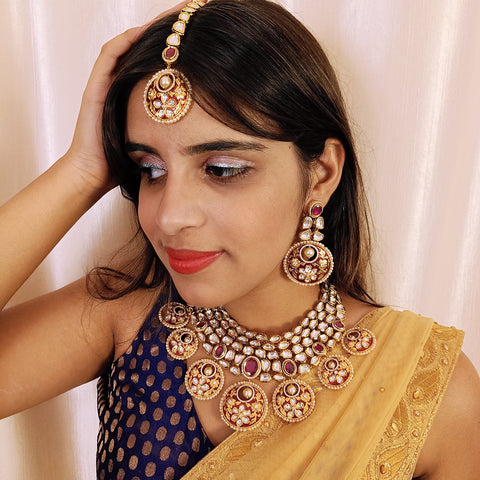 Designer Gold Plated Royal Kundan & Ruby Necklace with Earrings (D376)