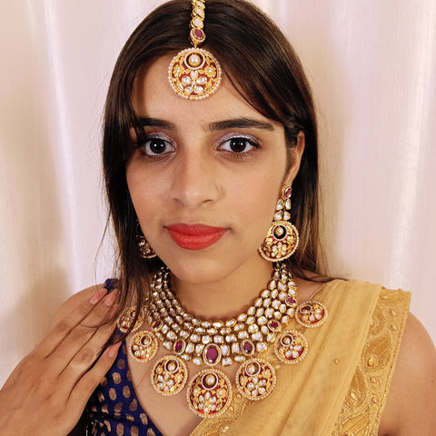 Designer Gold Plated Royal Kundan & Ruby Necklace with Earrings (D376)