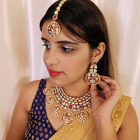Designer Gold Plated Royal Kundan & Ruby Necklace with Earrings (D376)